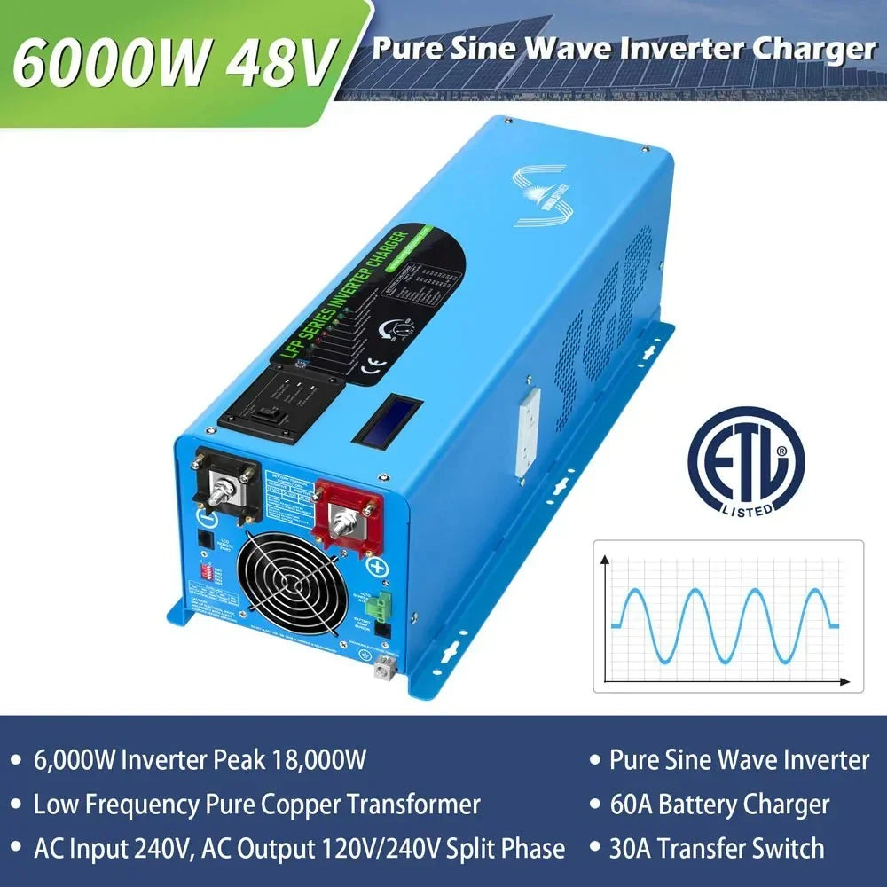 SunGoldPower 6000W DC 48V Split Phase Pure Sine Wave Inverter with Charger UL1741 Standard