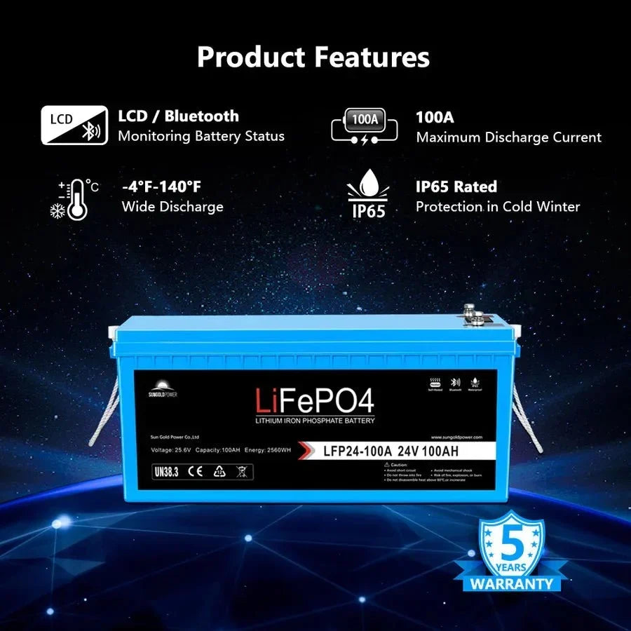 SunGoldPower 24V 100Ah LiFePO4 Deep Cycle Battery with Bluetooth and Self-Heating, IP65