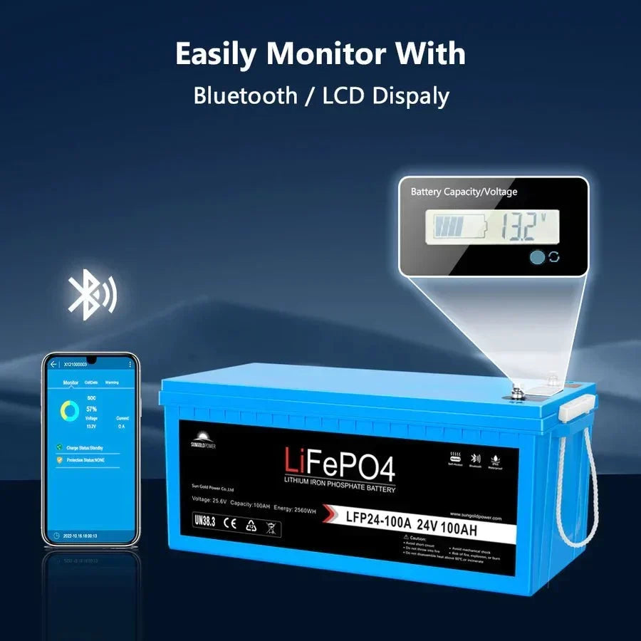 SunGoldPower 24V 100Ah LiFePO4 Deep Cycle Battery with Bluetooth and Self-Heating, IP65
