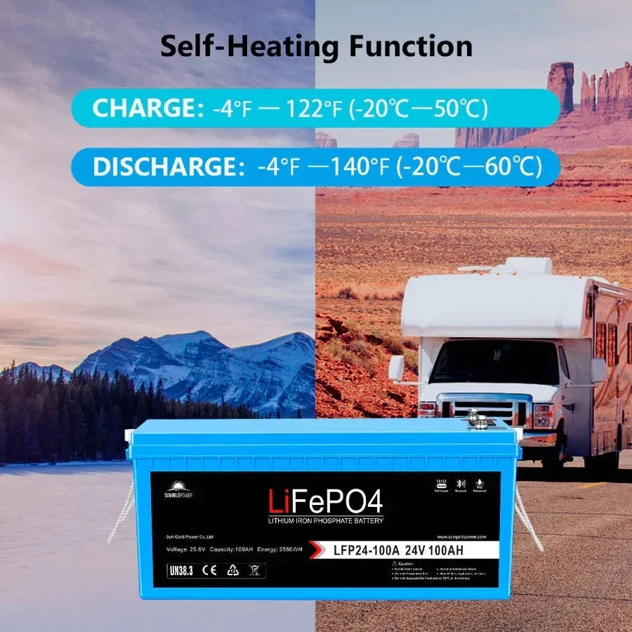 SunGoldPower 24V 100Ah LiFePO4 Deep Cycle Battery with Bluetooth and Self-Heating, IP65