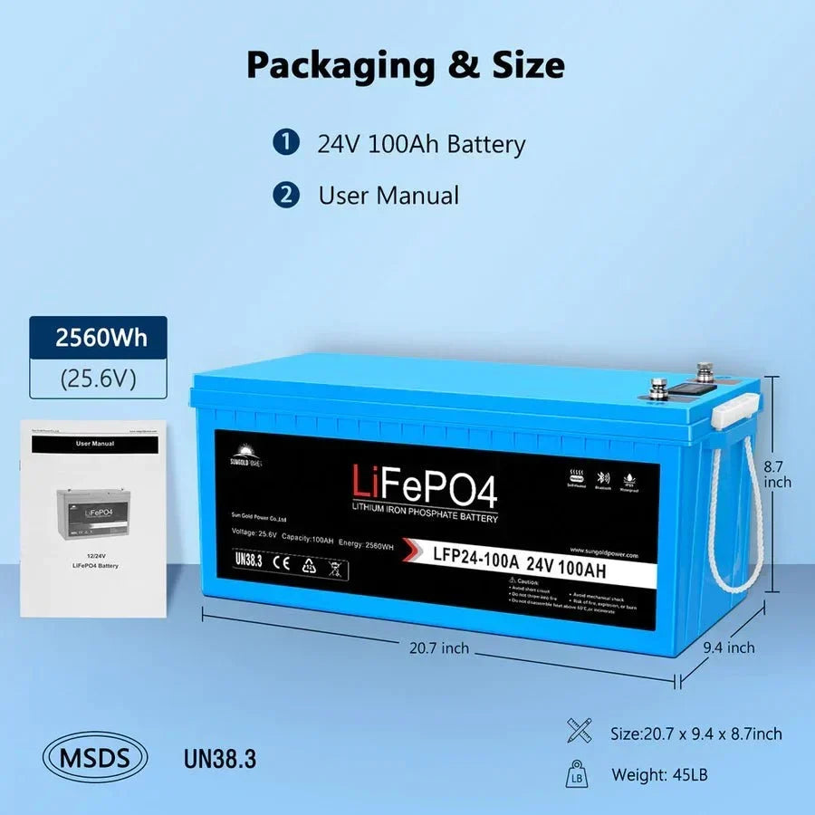 SunGoldPower 24V 100Ah LiFePO4 Deep Cycle Battery with Bluetooth and Self-Heating, IP65