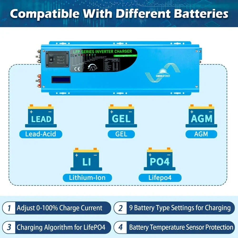SunGoldPower 6000W DC 48V Split Phase Pure Sine Wave Inverter with Charger UL1741 Standard