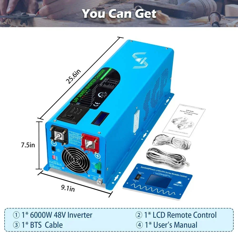 SunGoldPower 6000W DC 48V Split Phase Pure Sine Wave Inverter with Charger UL1741 Standard