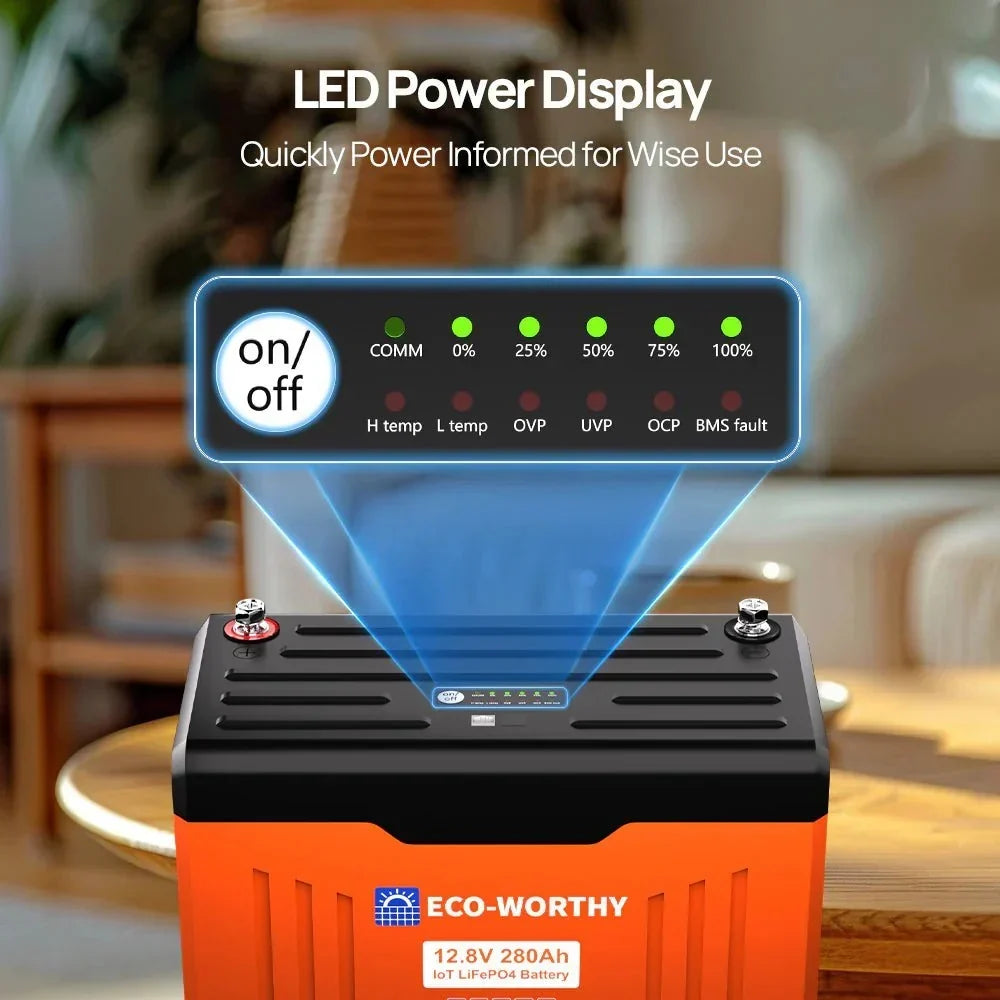 ECO-WORTHY 12V 280Ah LiFePO4 Battery with SOC LEDs and Low Temp Protection