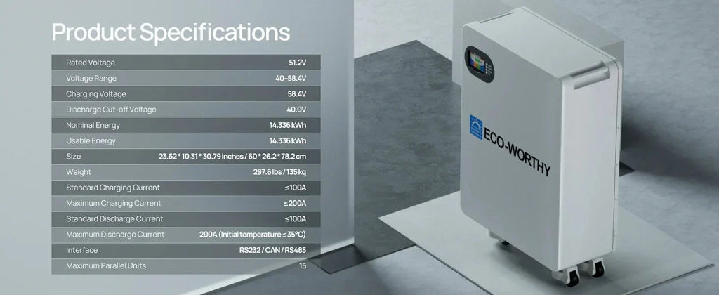 ECO-WORTHY 51.2V 280Ah LiFePO4 Floor-Standing Battery with 4 Nylon Wheels