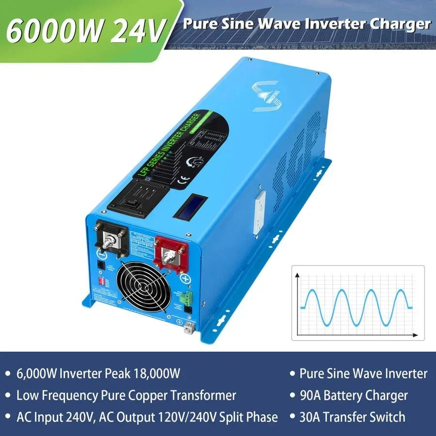 SunGoldPower 6000W DC 24V Split Phase Pure Sine Wave Inverter with Charger